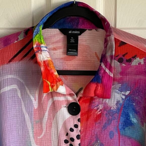 Ali Miles Colorful Abstract Print Artsy Top Pockets Button Front 3/4 Bell Sleeve - Picture 6 of 13